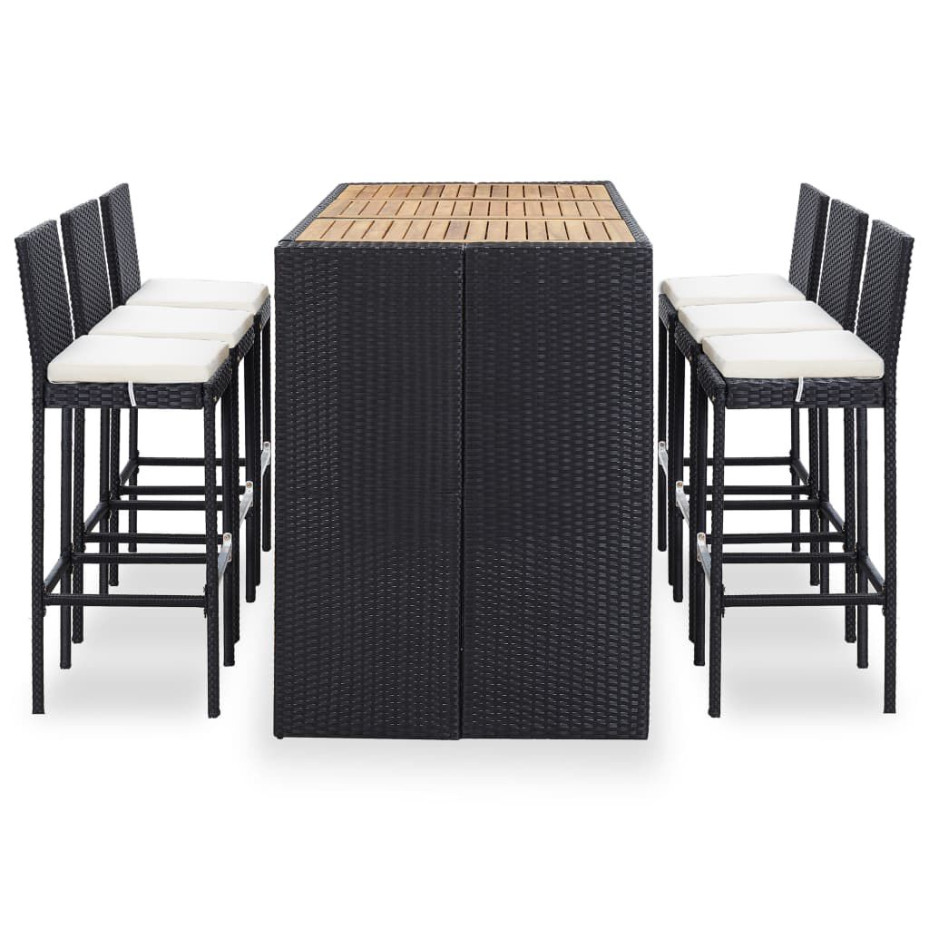vidaXL 7 Piece Outdoor Bar Set with Cushions Poly Rattan Black
