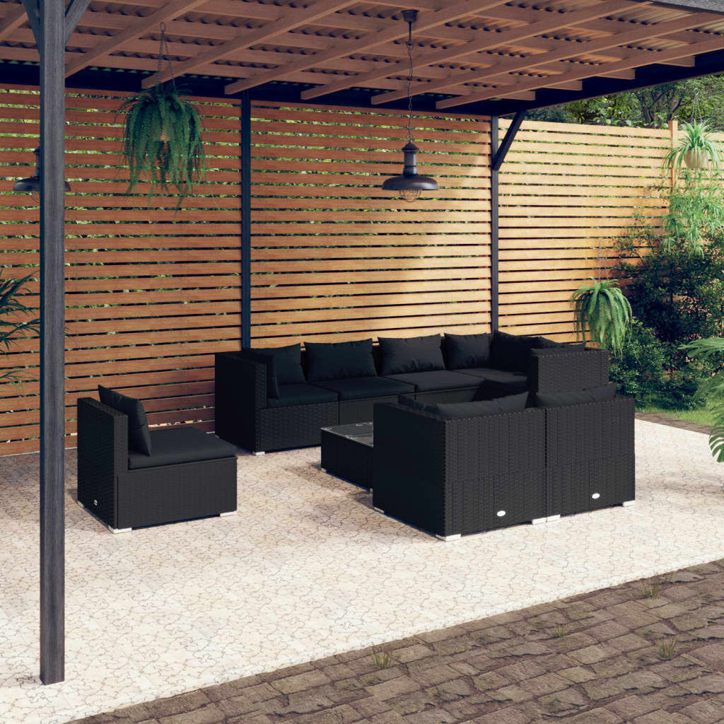 vidaXL 9 Piece Garden Lounge Set with Cushions Poly Rattan Black