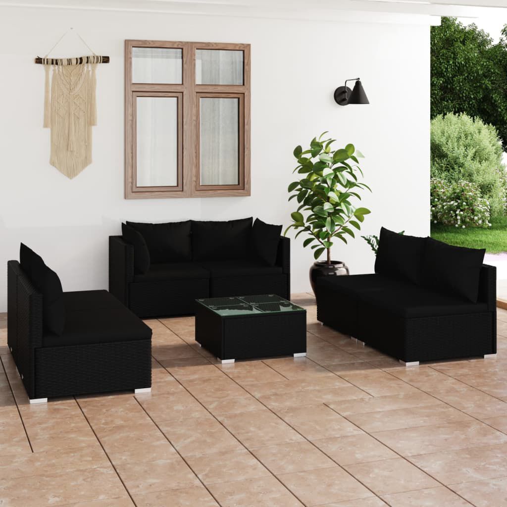 vidaXL 7 Piece Garden Lounge Set with Cushions Poly Rattan Black