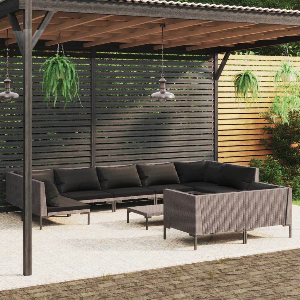 vidaXL 10 Piece Garden Lounge Set with Cushions Poly Rattan Dark Grey