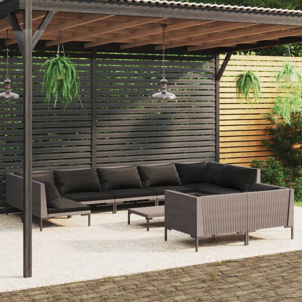 vidaXL 10 Piece Garden Lounge Set with Cushions Poly Rattan Dark Grey