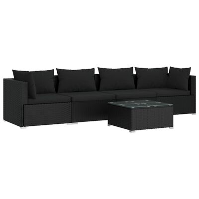 vidaXL 5 Piece Garden Lounge Set with Cushions Poly Rattan Black, black vidaXL 5 Piece Garden Lounge Set with Cushions Poly Rattan Black