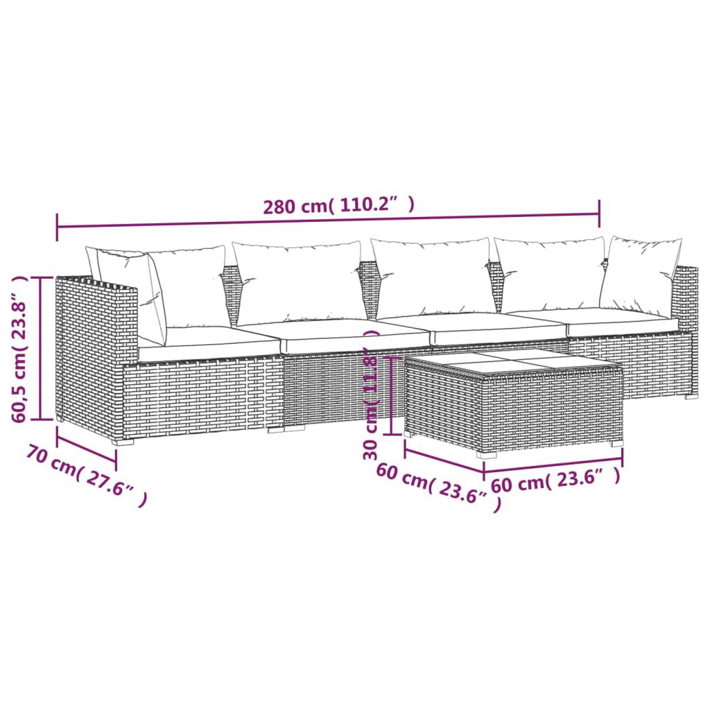 vidaXL 5 Piece Garden Lounge Set with Cushions Poly Rattan Brown