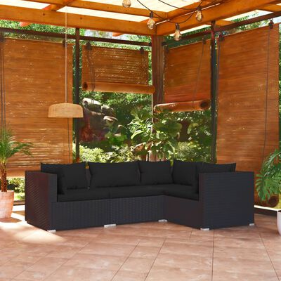 vidaXL 4 Piece Garden Lounge Set with Cushions Poly Rattan Black, black vidaXL 4 Piece Garden Lounge Set with Cushions Poly Rattan Black