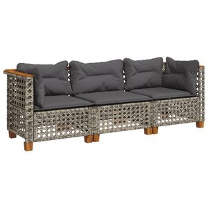 vidaXL Garden Sofa with Cushions 3-Seater Grey Poly Rattan