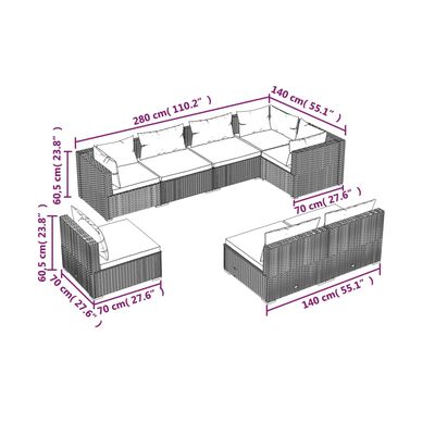 vidaXL 8 Piece Garden Lounge Set with Cushions Poly Rattan Grey, grey and dark blue vidaXL 8 Piece Garden Lounge Set with Cushions Poly Rattan Grey