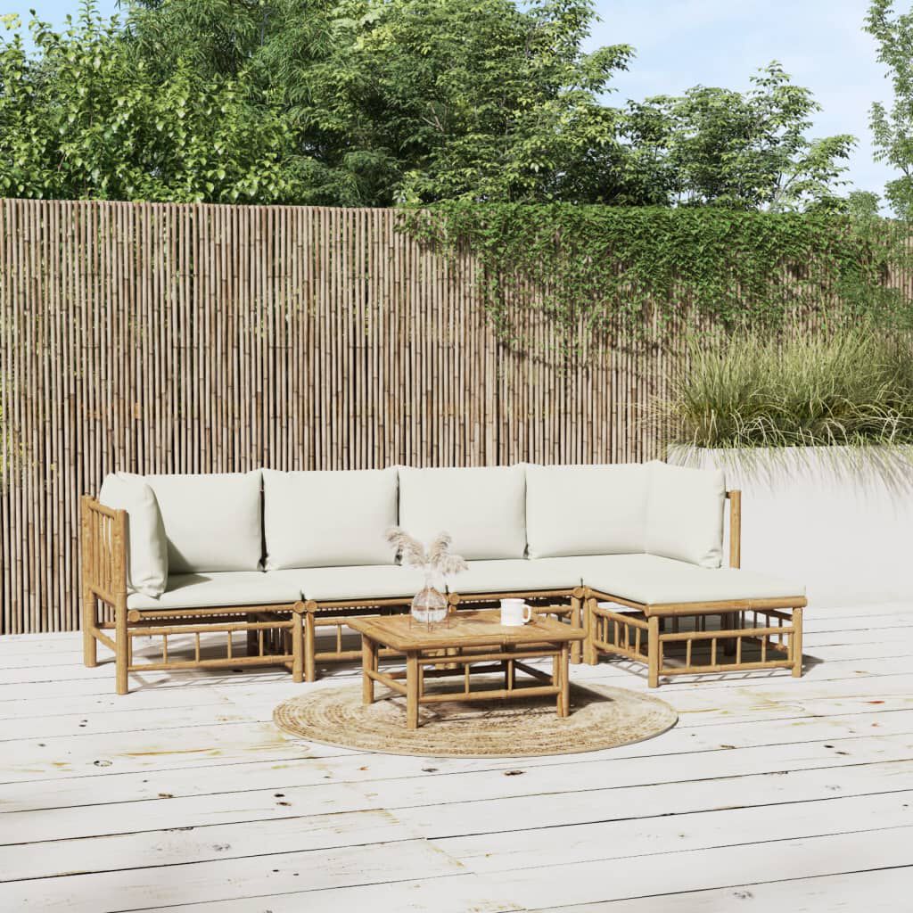 vidaXL 6 Piece Garden Lounge Set with Cream White Cushions Bamboo
