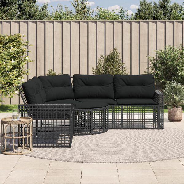 vidaXL Garden Sofa with Cushions and Footstool L-Shaped Black Poly Rattan