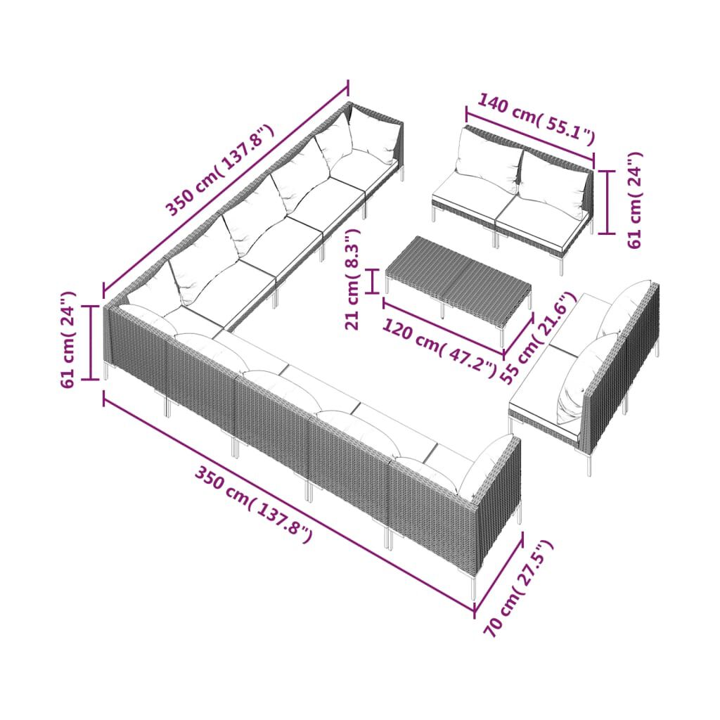 vidaXL 14 Piece Garden Lounge Set with Cushions Poly Rattan Dark Grey