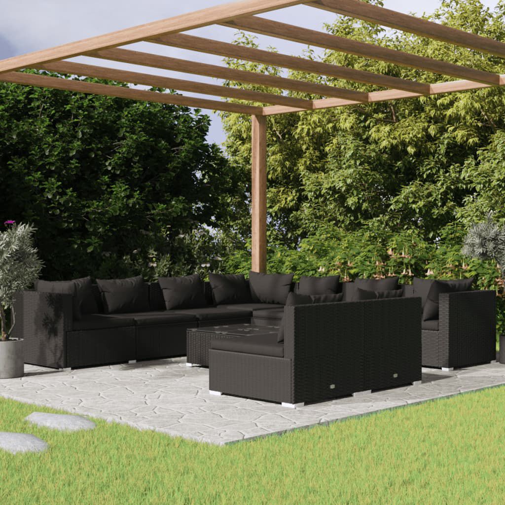 vidaXL 10 Piece Garden Lounge Set with Cushions Black Poly Rattan