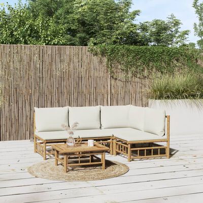 vidaXL 5 Piece Garden Lounge Set with Cream White Cushions Bamboo