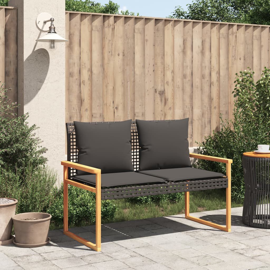 vidaXL Garden Bench with Cushion Black Poly Rattan Acacia Wood