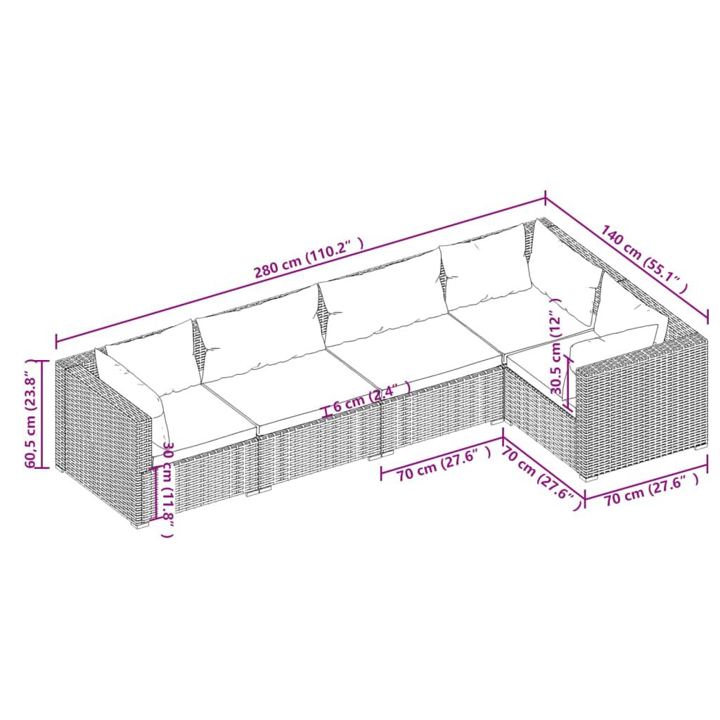 vidaXL 5 Piece Garden Lounge Set with Cushions Poly Rattan Black