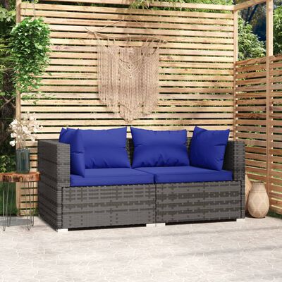 vidaXL 2-Seater Sofa with Cushions Grey Poly Rattan, grey and dark blue vidaXL 2-Seater Sofa with Cushions Grey Poly Rattan