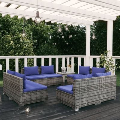 vidaXL 8 Piece Garden Lounge Set with Cushions Poly Rattan Grey, grey and dark blue vidaXL 8 Piece Garden Lounge Set with Cushions Poly Rattan Grey