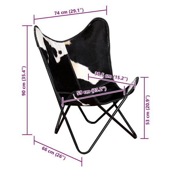 vidaXL Butterfly Chair Black and White Real Cowhide Leather