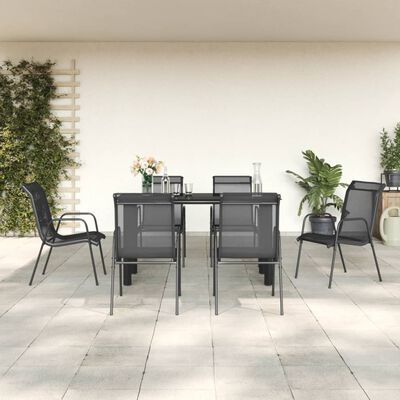 vidaXL 7 Piece Garden Dining Set Black Steel and Textilene