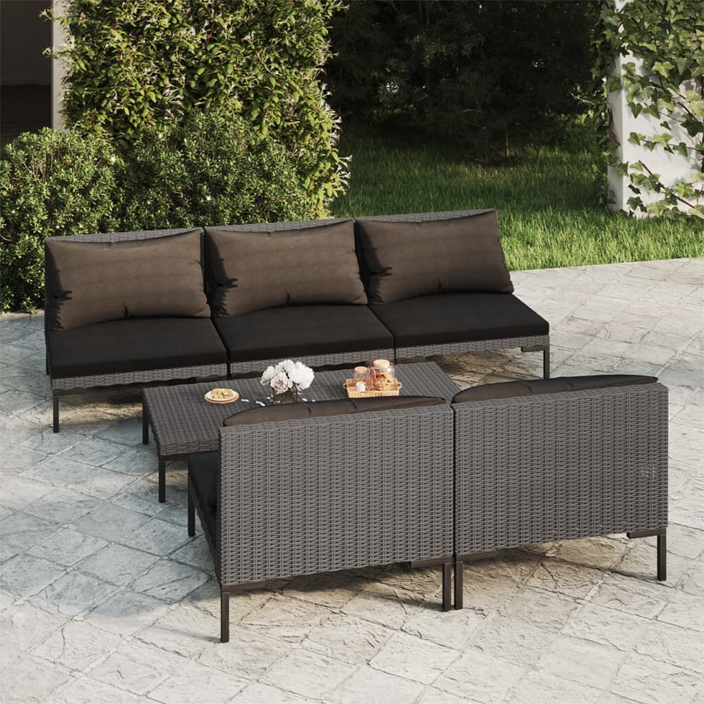 vidaXL 6 Piece Garden Lounge Set with Cushions Poly Rattan Dark Grey