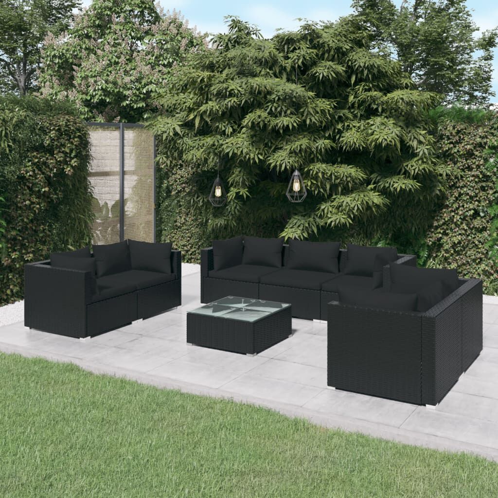 vidaXL 8 Piece Garden Lounge Set with Cushions Poly Rattan Black