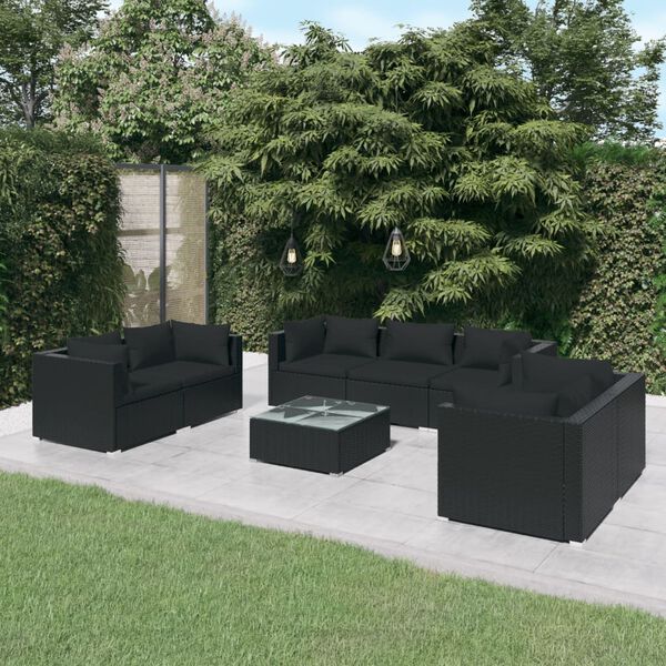 vidaXL 8 Piece Garden Lounge Set with Cushions Poly Rattan Black