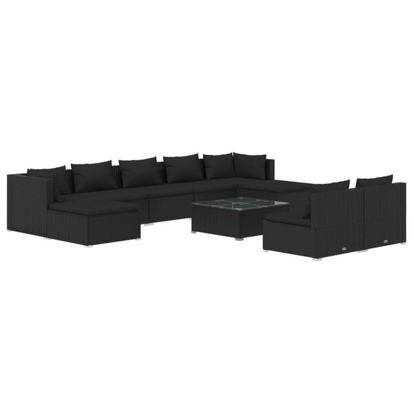 vidaXL 10 Piece Garden Lounge Set with Cushions Black Poly Rattan