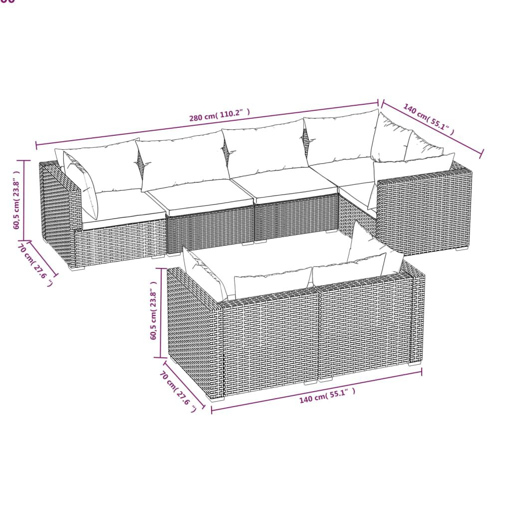 vidaXL 7 Piece Garden Lounge Set with Cushions Brown Poly Rattan