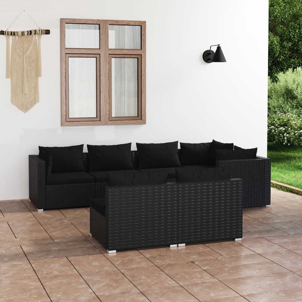 vidaXL 7 Piece Garden Lounge Set with Cushions Black Poly Rattan