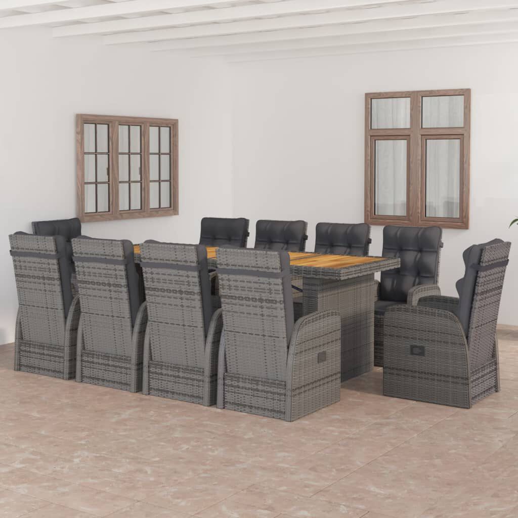vidaXL 11 Piece Outdoor Dining Set with Cushions Poly Rattan Grey