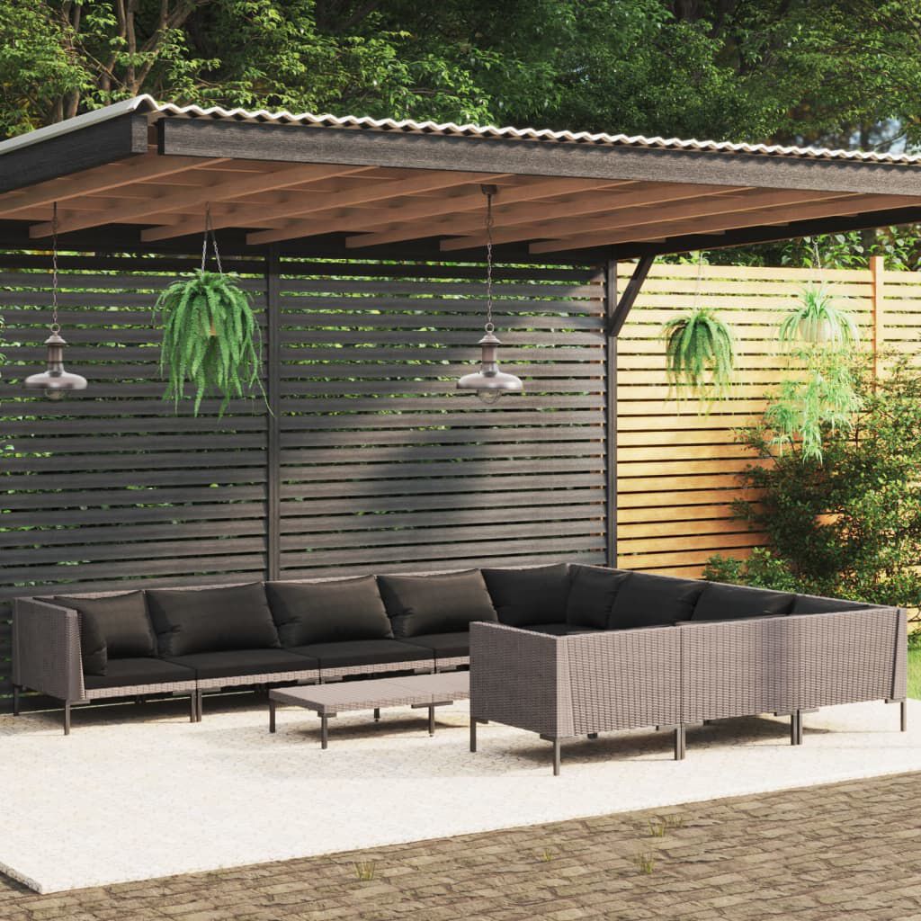 vidaXL 11 Piece Garden Lounge Set with Cushions Poly Rattan Dark Grey