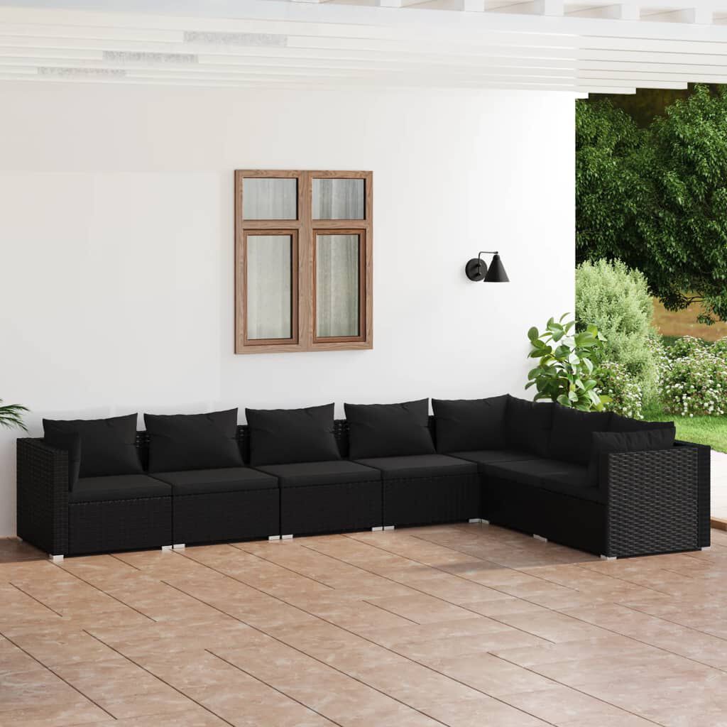 vidaXL 7 Piece Garden Lounge Set with Cushions Poly Rattan Black