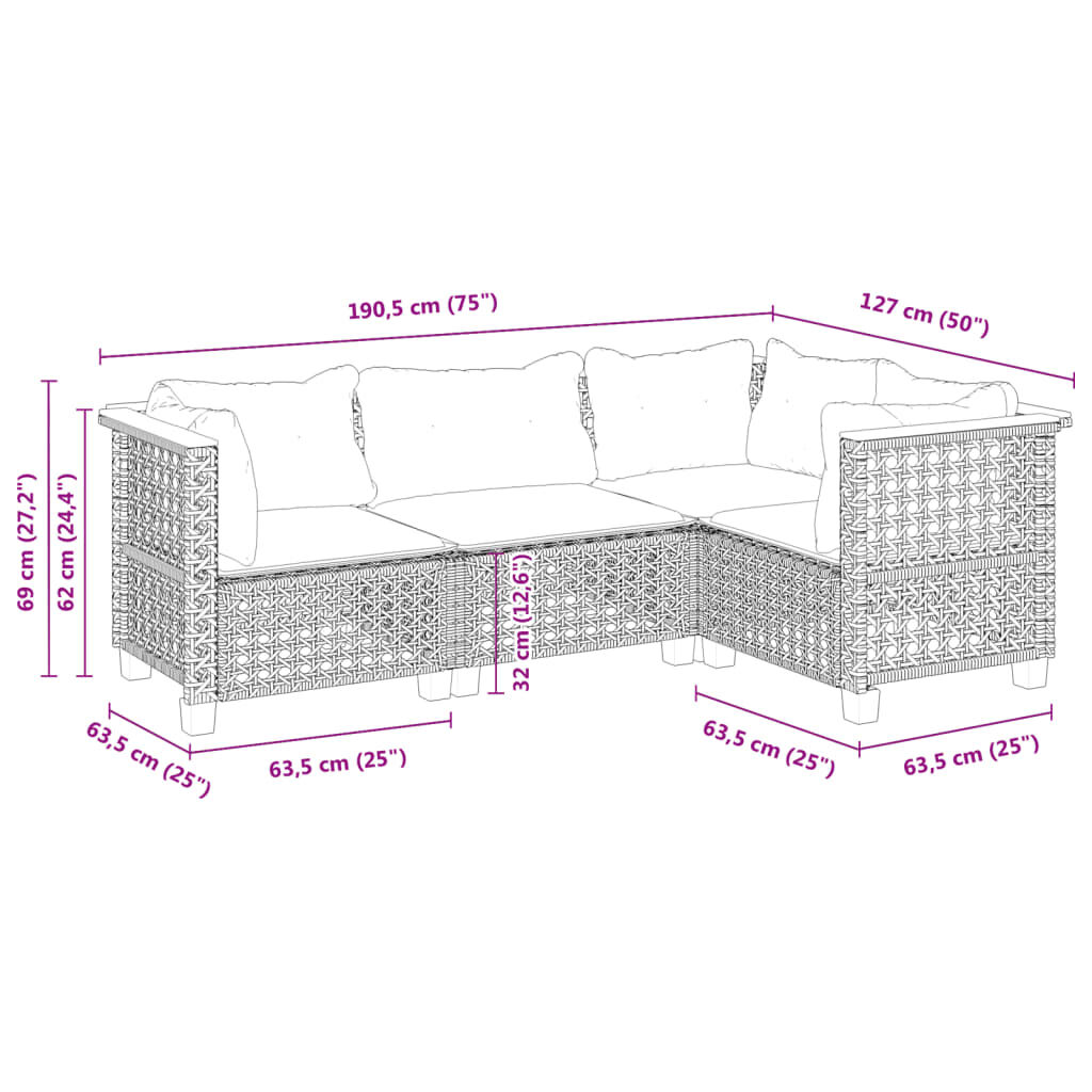 vidaXL 4 Piece Garden Sofa Set with Cushions Grey Poly Rattan