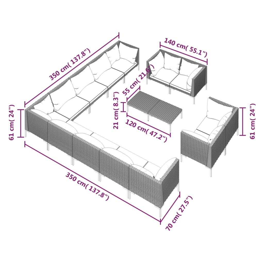 vidaXL 14 Piece Garden Lounge Set with Cushions Poly Rattan Dark Grey