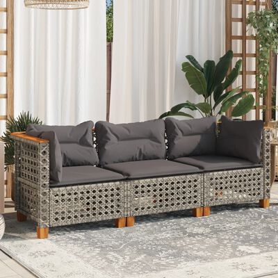 vidaXL Garden Sofa with Cushions 3-Seater Grey Poly Rattan, grey vidaXL Garden Sofa with Cushions 3-Seater Grey Poly Rattan