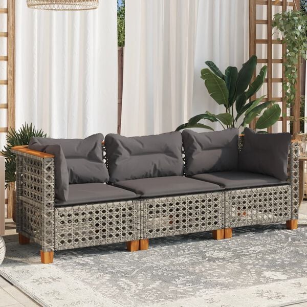 vidaXL Garden Sofa with Cushions 3-Seater Grey Poly Rattan