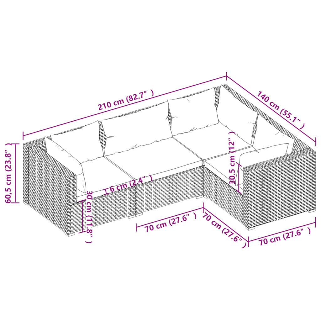 vidaXL 4 Piece Garden Lounge Set with Cushions Poly Rattan Black