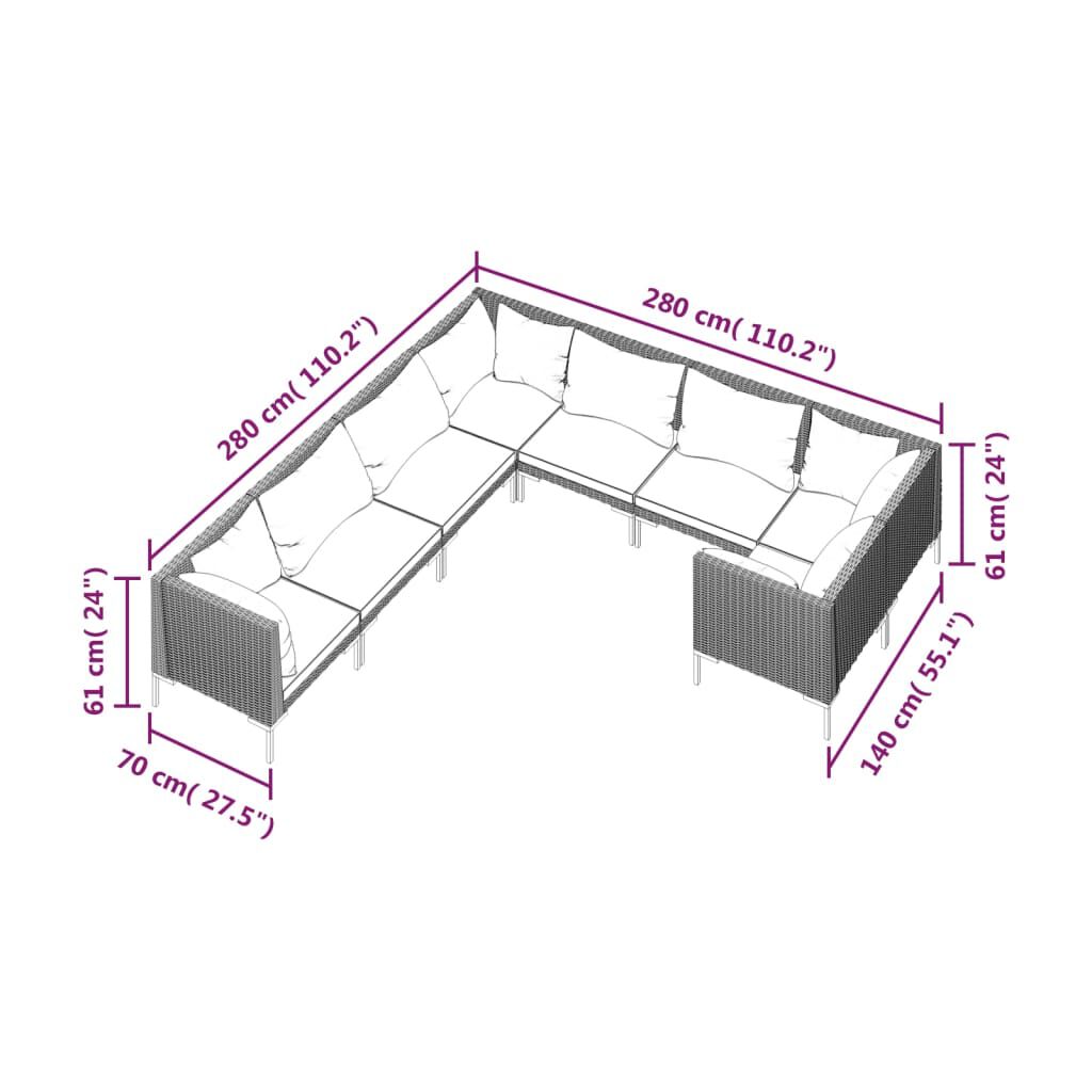 vidaXL 8 Piece Garden Lounge Set with Cushions Poly Rattan Dark Grey