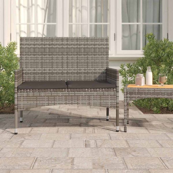 vidaXL 2-Seater Garden Bench with Cushions Grey Poly Rattan