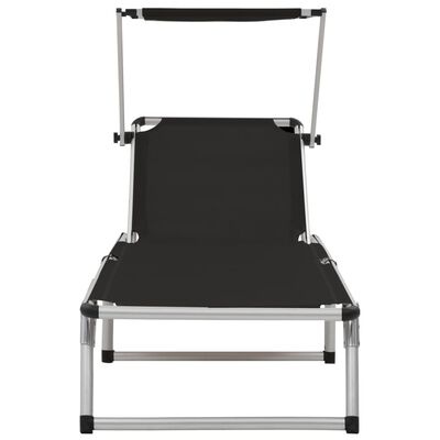vidaXL Folding Sun Lounger with Roof Aluminium and Textilene Black, black vidaXL Folding Sun Lounger with Roof Aluminium and Textilene Black