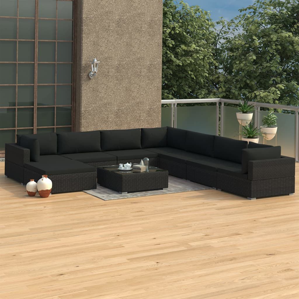 vidaXL 9 Piece Garden Lounge Set with Cushions Poly Rattan Black