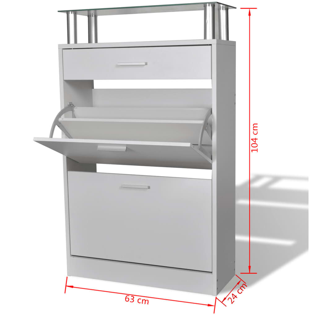 vidaXL Shoe Cabinet with a Drawer and a Top Glass Shelf Wood White