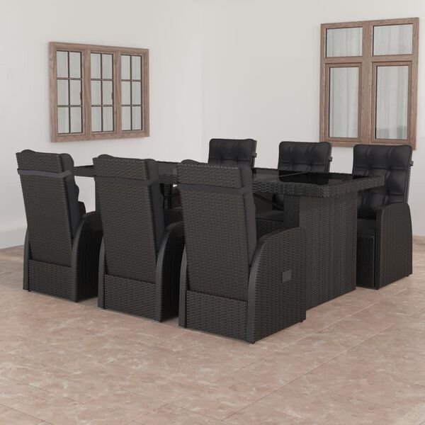 vidaXL 7 Piece Outdoor Dining Set with Cushions Poly Rattan Black