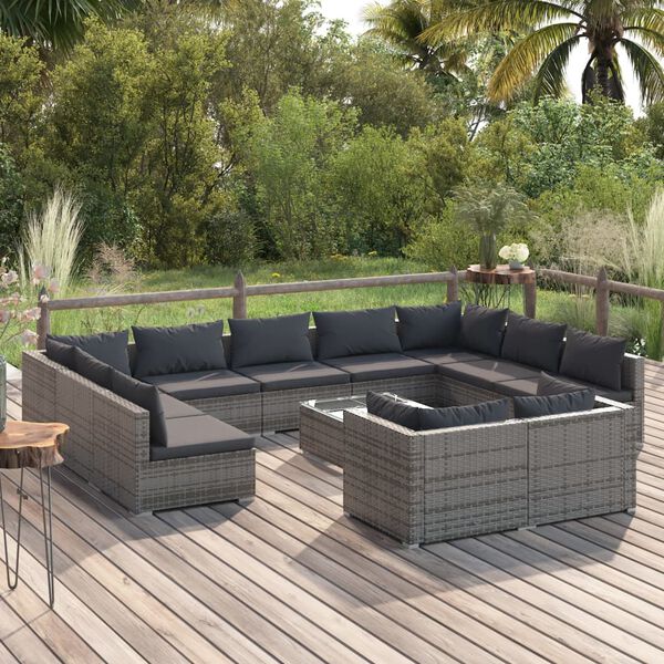 vidaXL 12 Piece Garden Lounge Set with Cushions Grey Poly Rattan