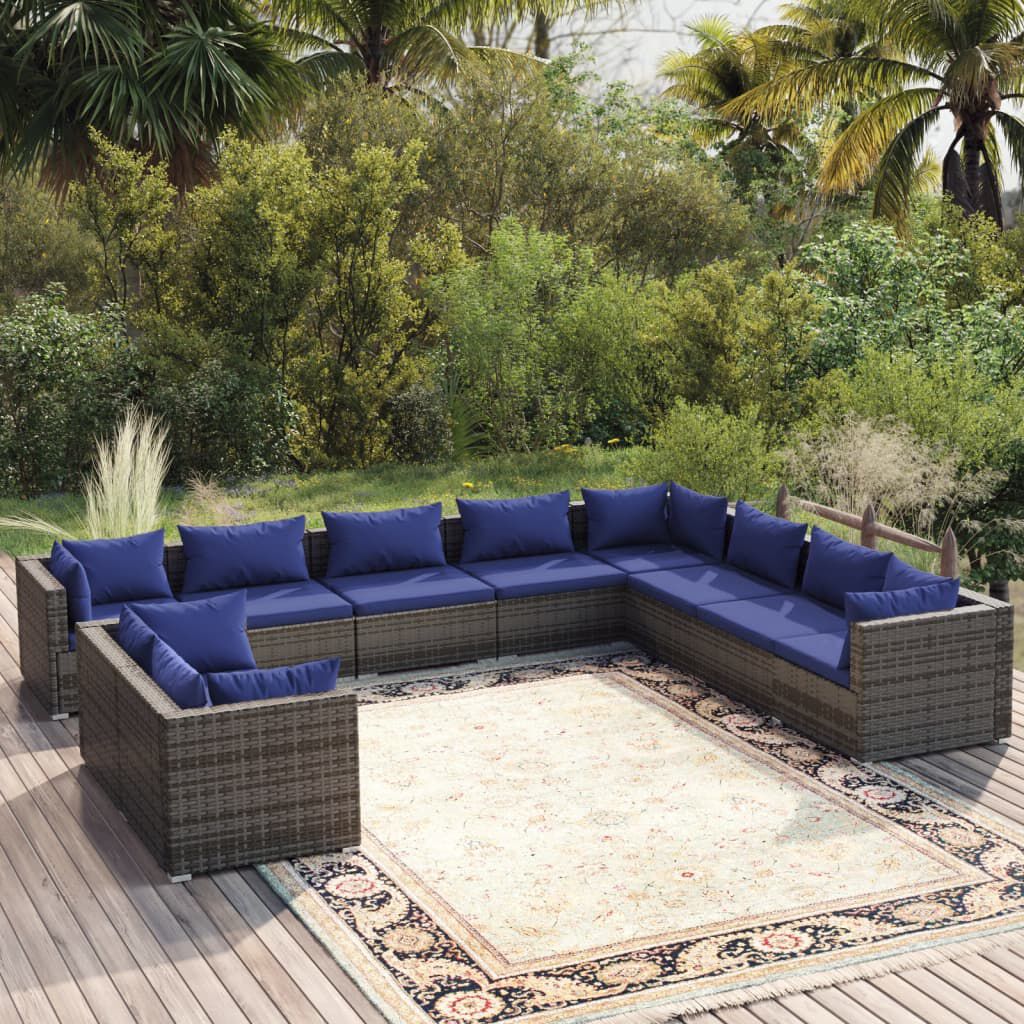 vidaXL 10 Piece Garden Lounge Set with Cushions Grey Poly Rattan