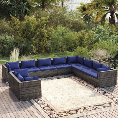 vidaXL 10 Piece Garden Lounge Set with Cushions Grey Poly Rattan, grey and dark blue vidaXL 10 Piece Garden Lounge Set with Cushions Grey Poly Rattan