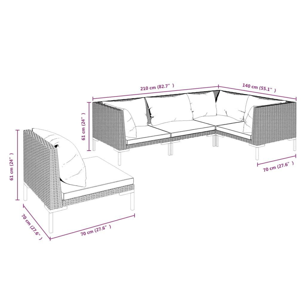 vidaXL 5 Piece Garden Lounge Set with Cushions Poly Rattan Dark Grey