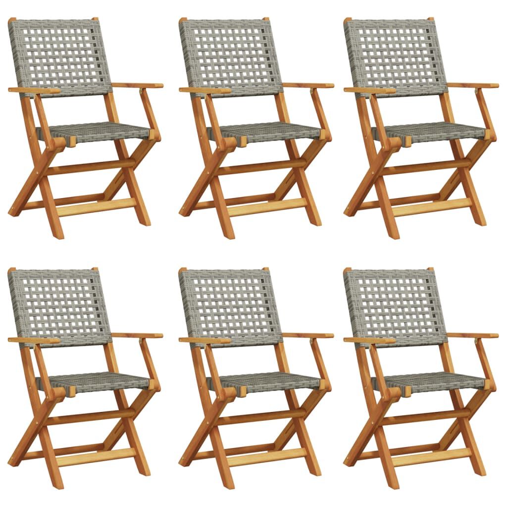 vidaXL Folding Garden Chairs 6 pcs Grey Poly Rattan and Solid Wood