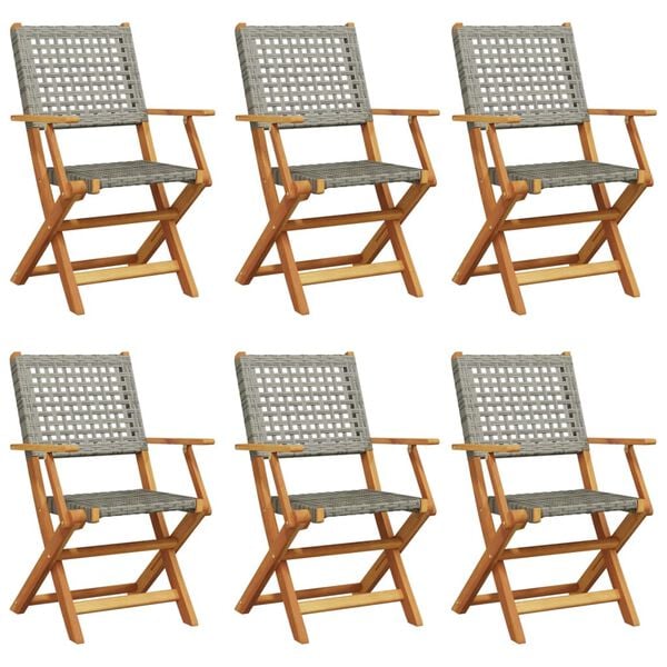 vidaXL Folding Garden Chairs 6 pcs Grey Poly Rattan and Solid Wood