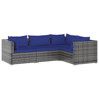 vidaXL 4 Piece Garden Lounge Set with Cushions Poly Rattan Grey, grey and dark blue vidaXL 4 Piece Garden Lounge Set with Cushions Poly Rattan Grey