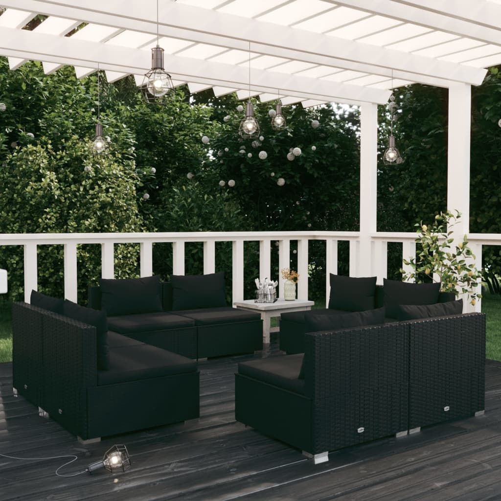 vidaXL 8 Piece Garden Lounge Set with Cushions Poly Rattan Black