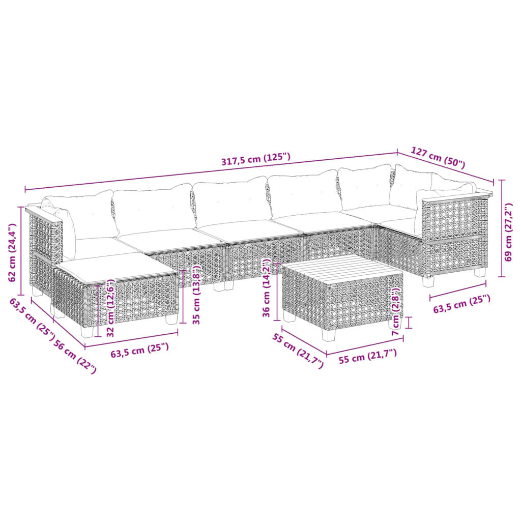 vidaXL 8 Piece Garden Sofa Set with Cushions Black Poly Rattan